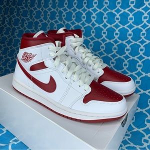 Nike Women’s size 7.5 Air Jordan 1 Mid white pomegranate red sneakers wmns high
